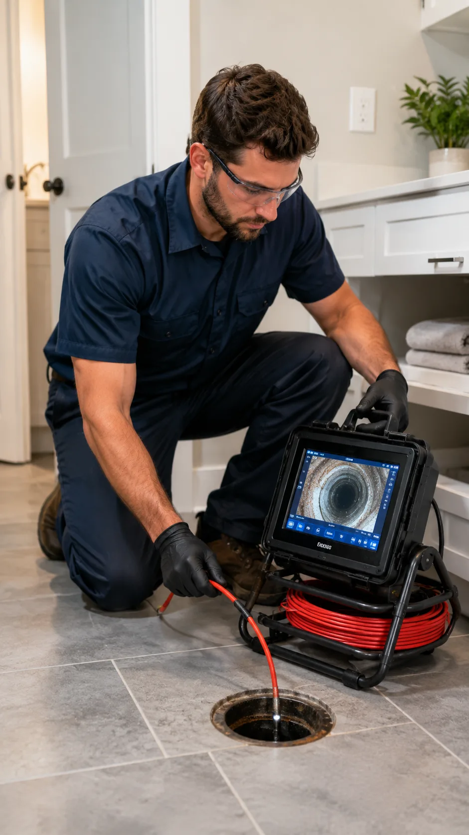 Drain cleaning technician working with professional drain equipment at a residential property